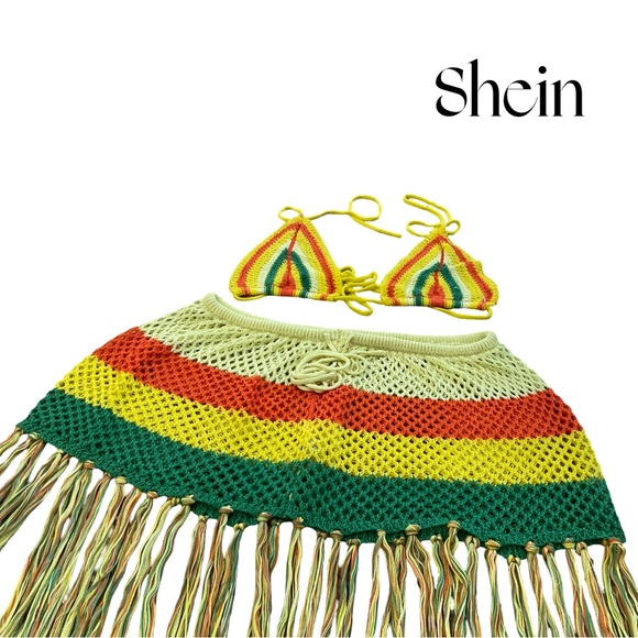 SHEIN Plus Crochet bikini top & Fringe Skirt Rasta Colors Adjustable Set 1X-3X - Picture 3 of 9